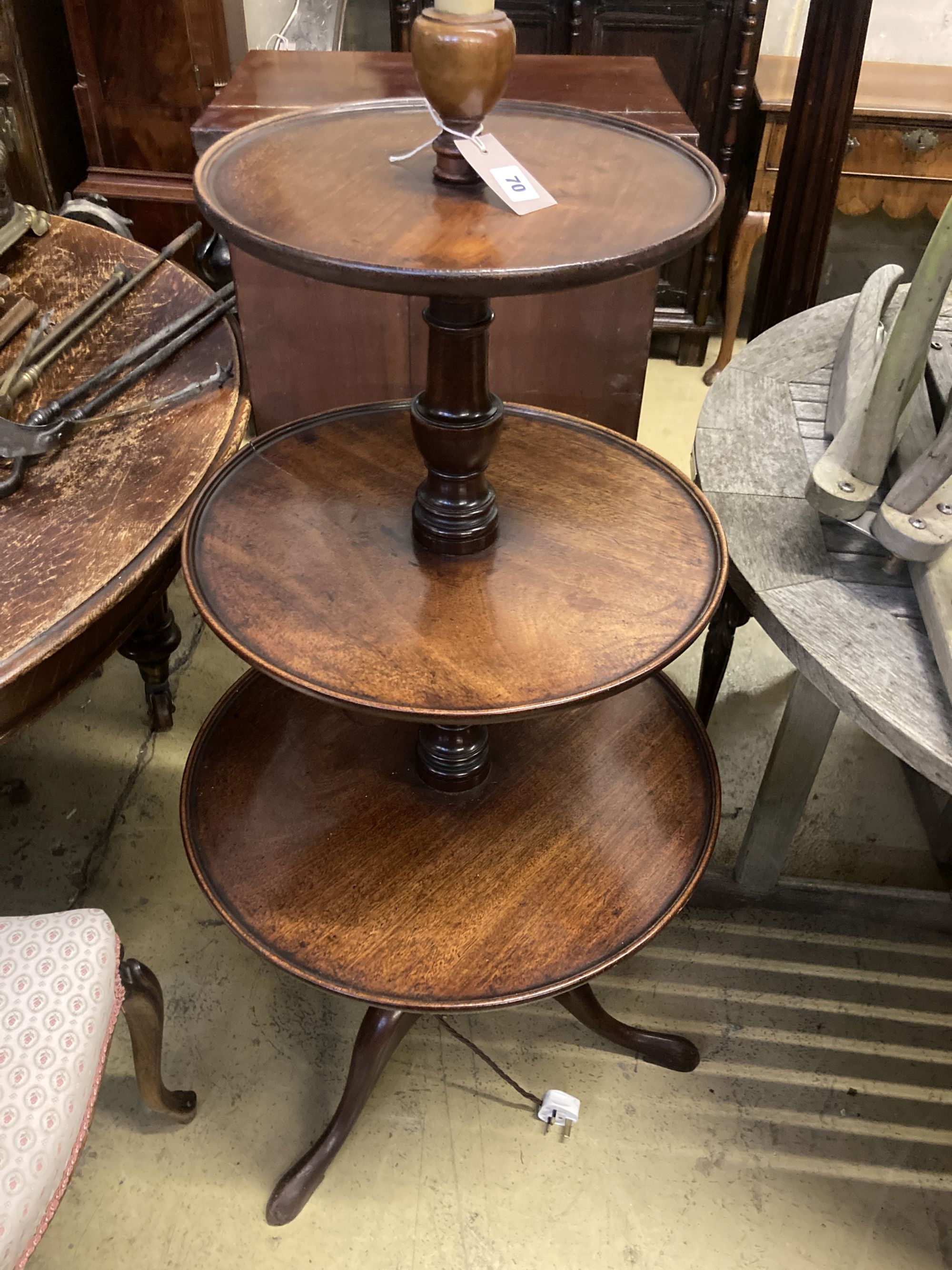 A George III mahogany three tier dumb waiter, converted to a lamp, height 115cm
